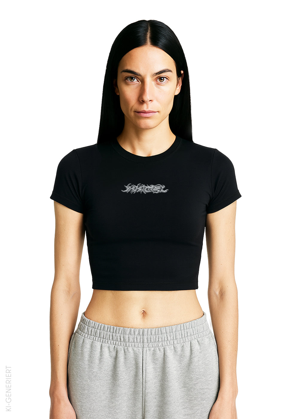 Frau mit langen schwarzen Haaren trägt ein eng anliegendes schwarzes Cropped Baby Tee mit silbernem IKKIMEL-Logo auf der Brust. Kombiniert mit grauer Jogginghose, fotografiert vor weißem Hintergrund.