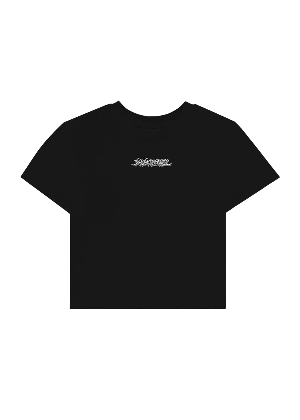 Schwarzes Cropped Baby Tee mit mittig platziertem silbernem IKKIMEL-Logo. Kurz geschnittenes, figurbetontes T-Shirt, flach vor weißem Hintergrund fotografiert.