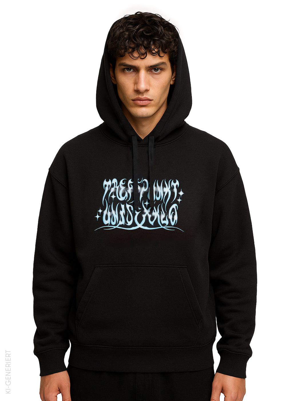 Model trägt Schwarzer Hoodie mit Kapuze und Kängurutasche. Auf der Vorderseite befindet sich ein hellblauer, verschnörkelter Schriftzug mit dekorativen Sternsymbolen