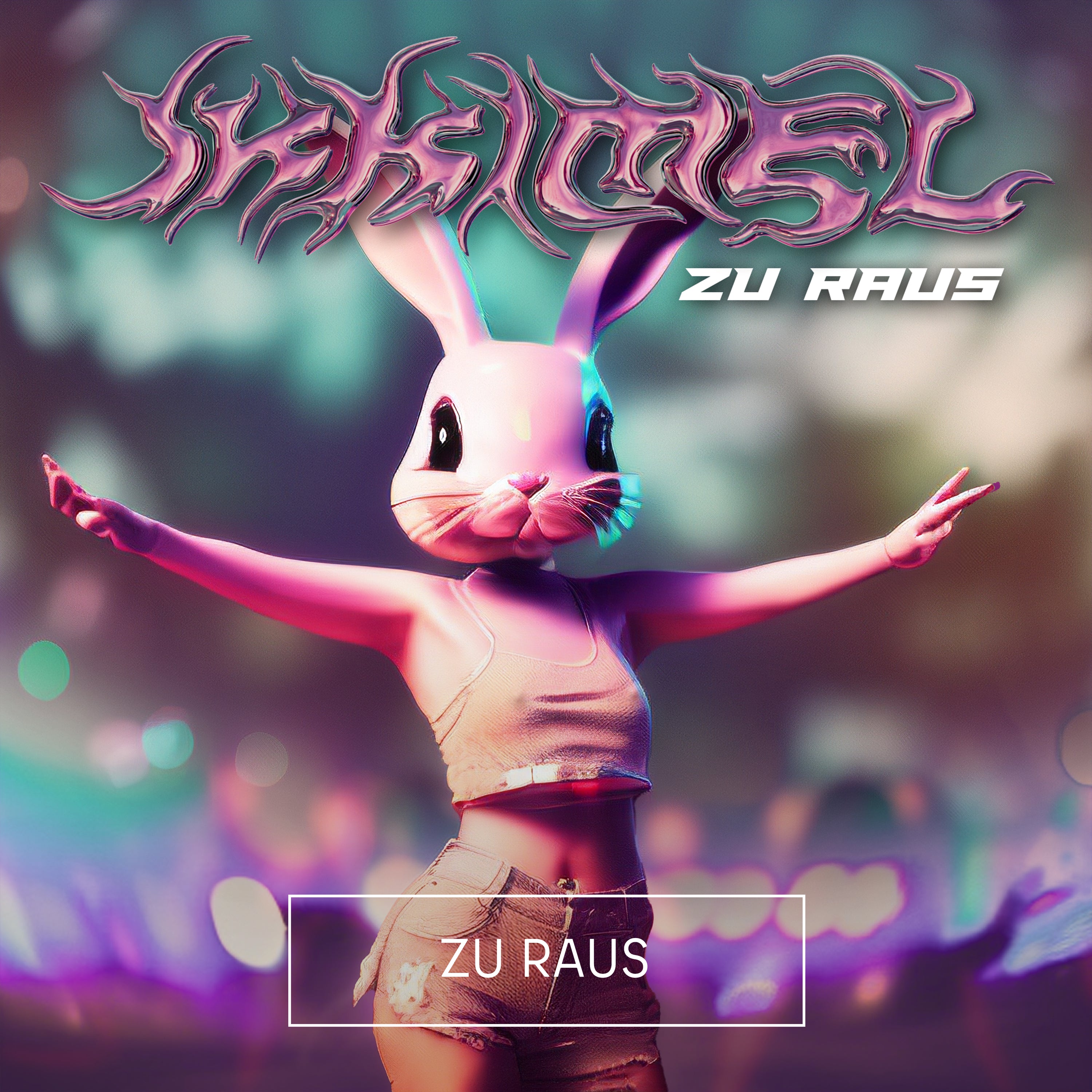 „Farbenfrohes Covermotiv mit einer stilisierten, rosa Hasenfigur in Shorts und Crop-Top, die mit ausgebreiteten Armen vor verschwommenem Hintergrund steht. Oben der Schriftzug ‚Ikkimel‘ in metallisch-pinker Schrift, darunter der Titel ‚Zu Raus