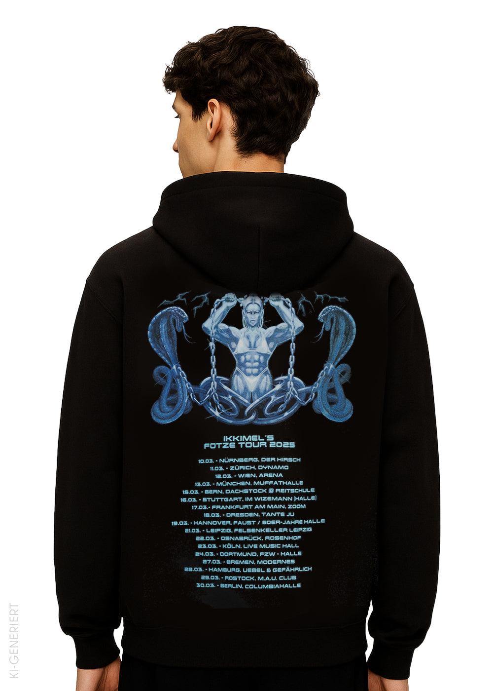 Model mit schwarzem Hoodie großem Rückendruck: eine futuristische, blaue, muskulöse Figur mit Ketten, umgeben von Schlangenmotiven. Darunter Tourdaten mit dem Schriftzug ‚Ikkimel’s Fotze Tour 2025‘ in blauer Schrift.