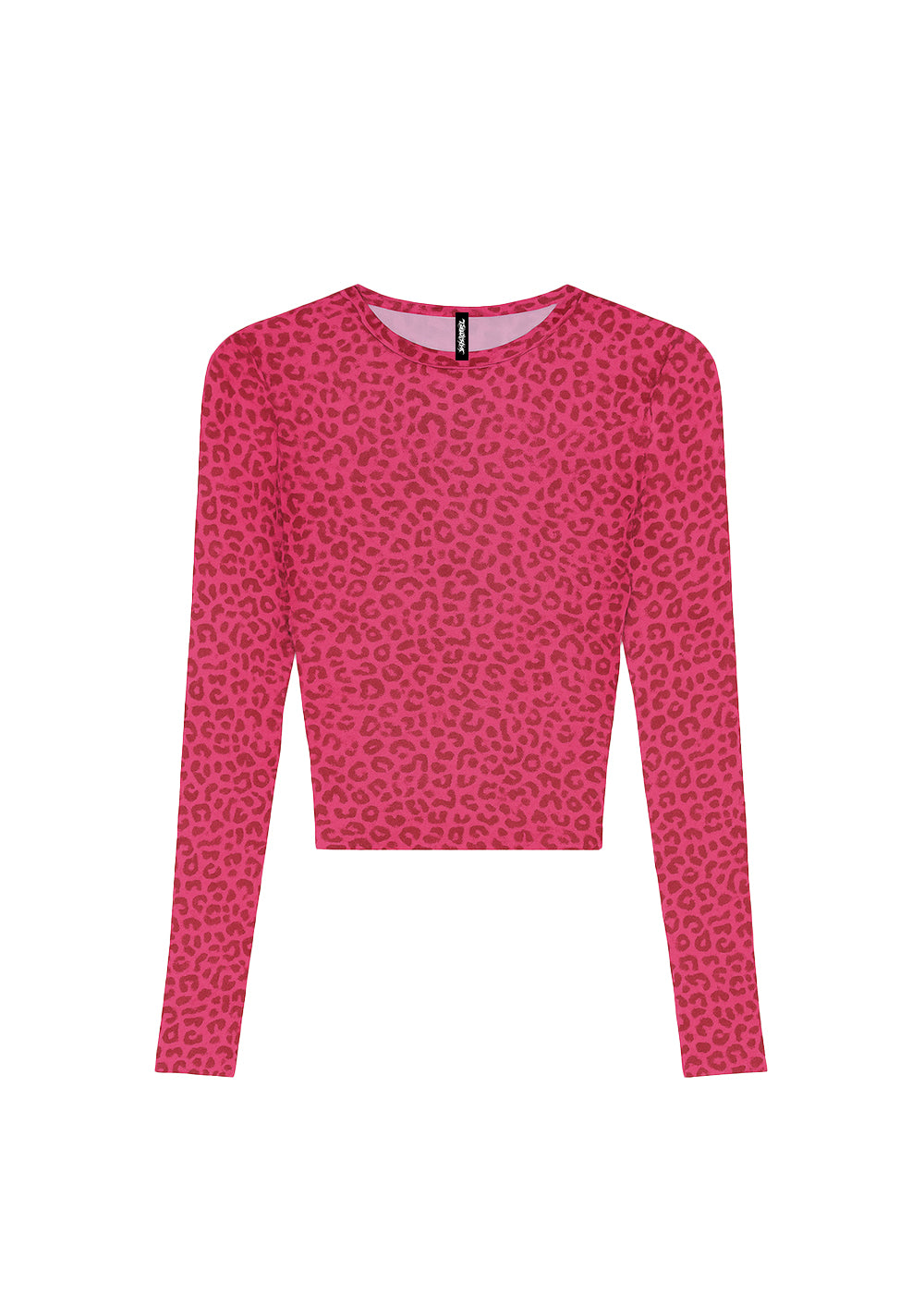 Langärmliges, eng anliegendes Mesh-Top mit pinkem Leopardenmuster. Halbtransparenter Stoff, taillierter Schnitt, fotografiert flach vor weißem Hintergrund.