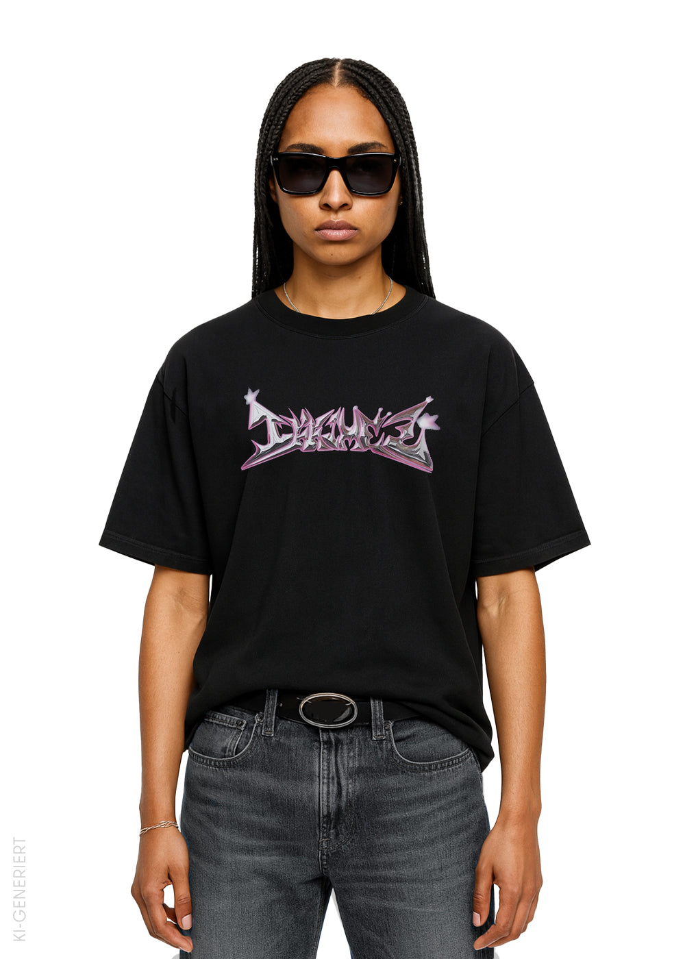 Person trägt ein schwarzes T-Shirt mit auffälligem, lilafarbenem Schriftzug im Graffiti-Stil auf der Brust. Kombiniert mit dunkler Jeans, schwarzem Gürtel und Sonnenbrille