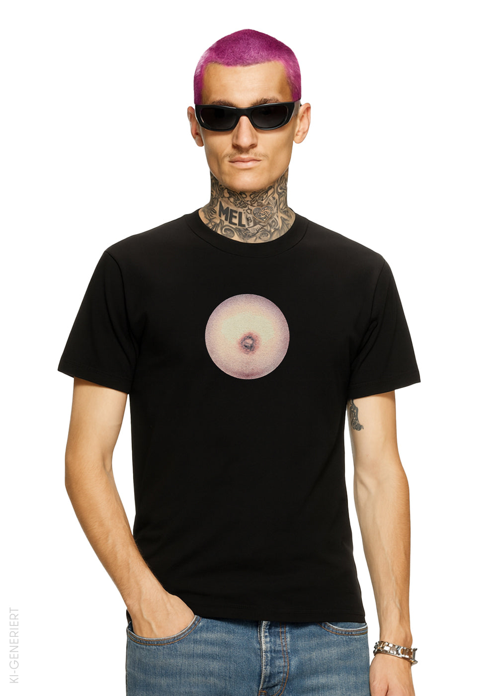 Person trägt ein schwarzes T-Shirt mit rundem Print auf der Brust, der an eine realistische Hauttextur erinnert. Kombiniert mit Jeans und Sonnenbrille