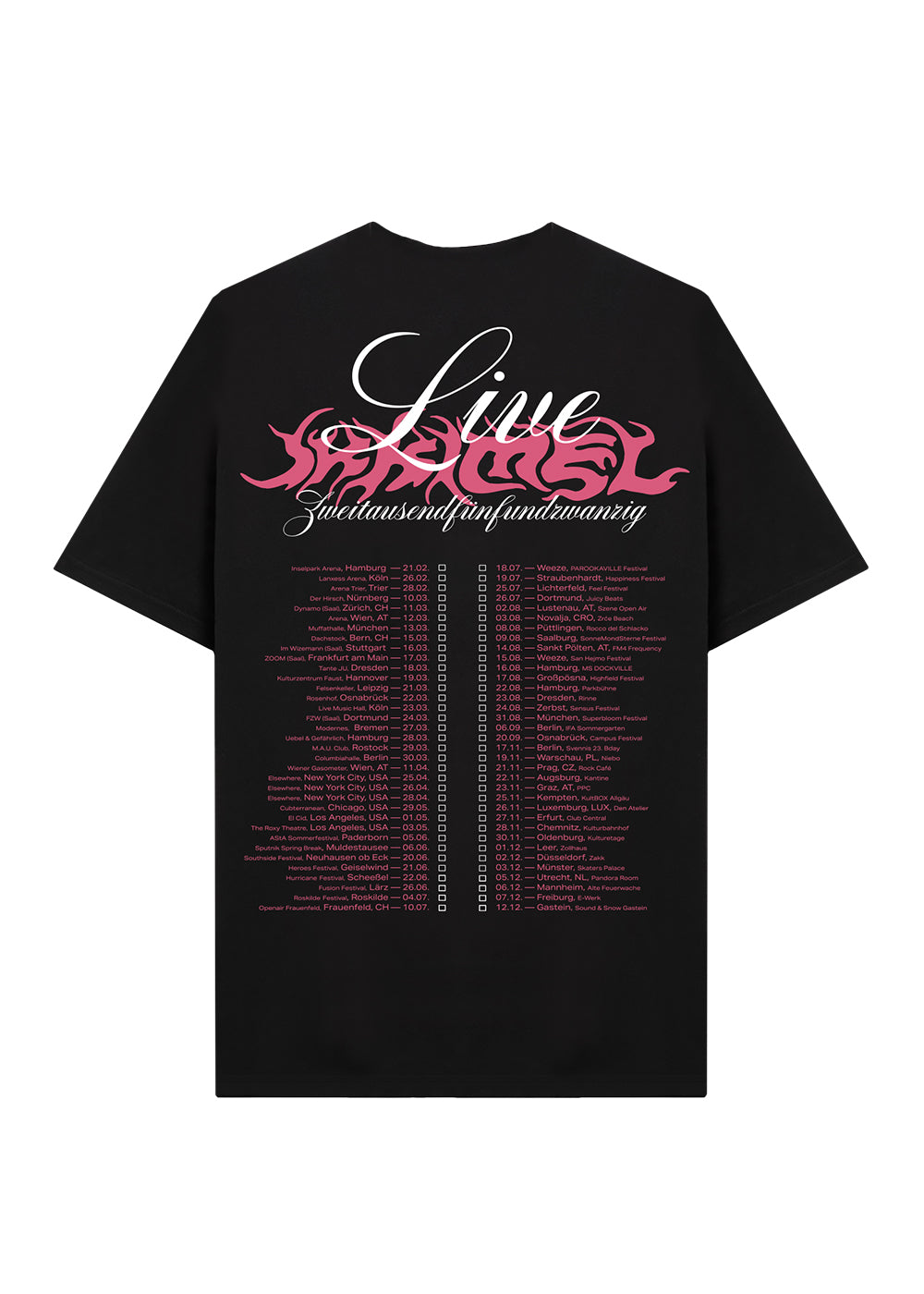Rückansicht des schwarzen IKKIMEL „Live 2025“ Tourshirts mit pinkfarbenem Tribal-Logo, großem weißen Schriftzug „Live“ und Tourdaten in roter Schrift für internationale Städte.