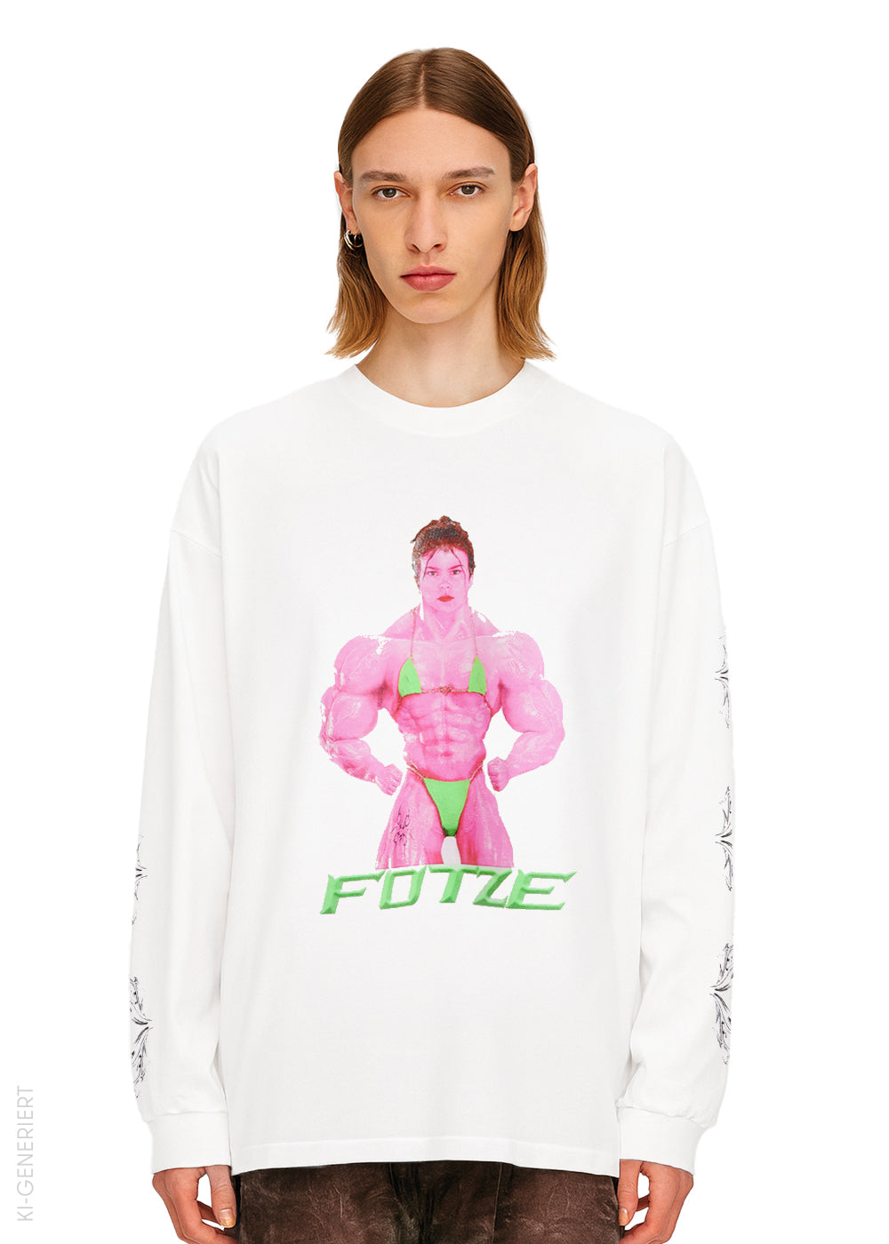 Model trägt weißes Longsleeve mit Print einer pinken, muskulösen Figur in einem grünen Bikini und dem grünen Schriftzug ‚FOTZE‘ auf der Vorderseite. Tribal-Muster sind auf beiden Ärmeln zu sehen.