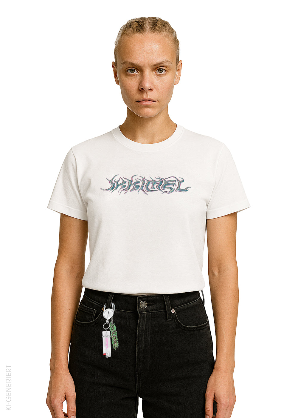 Frau mit strengem Blick trägt ein weißes T-Shirt mit dem IKKIMEL-Logo in metallisch-blauer Schrift. Das Shirt ist schlicht und sitzt locker, kombiniert mit schwarzer Jeans. Studioaufnahme auf weißem Hintergrund.
