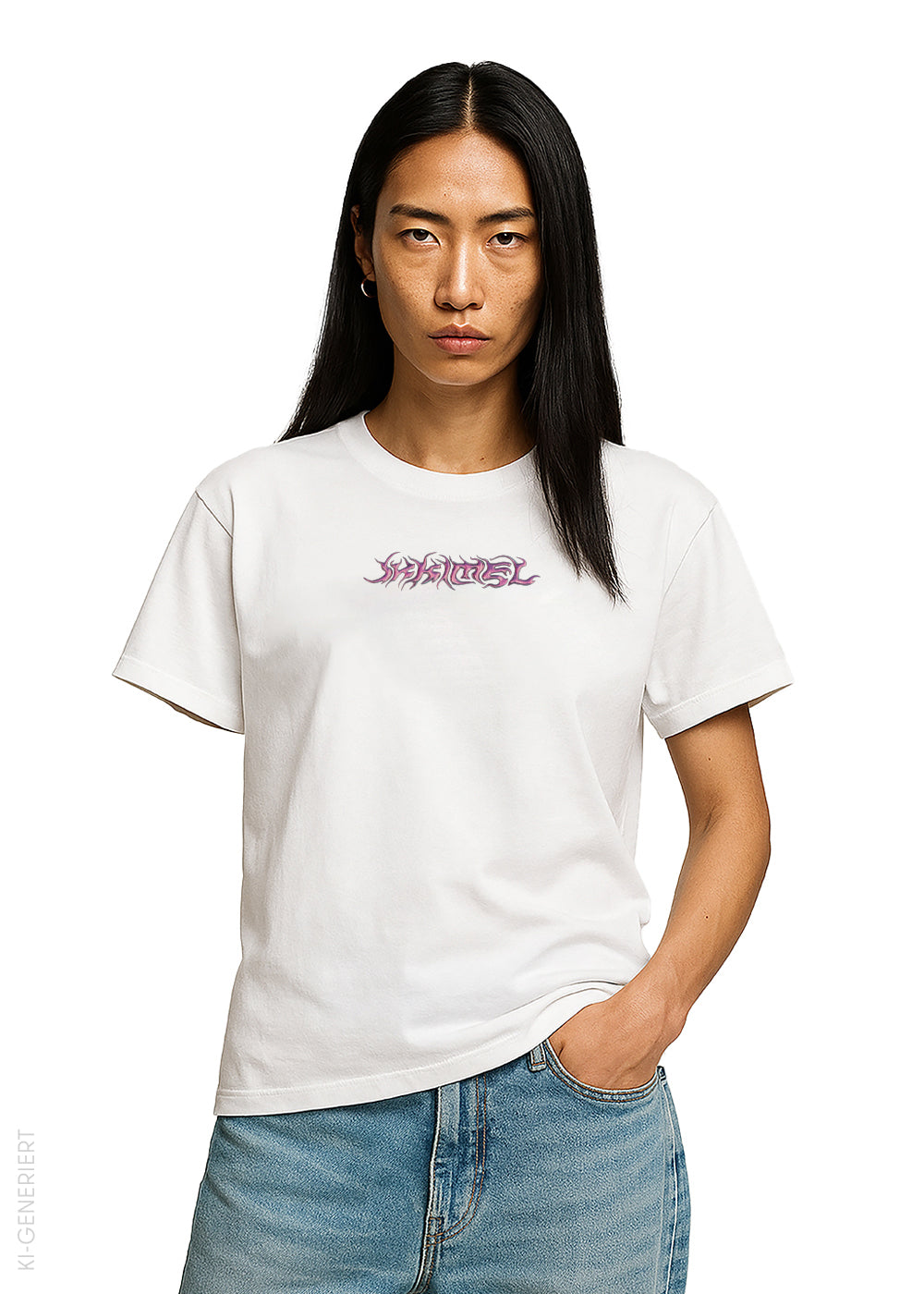 Eine Person mit langen, glatten, schwarzen Haaren trägt ein weißes T-Shirt mit einem lilafarbenen, flammenartigen Schriftzug in der Mitte der Brust. Sie blickt ernst in die Kamera und hat eine Hand in der Hosentasche ihrer hellblauen Jeans. Der Hintergrund ist weiß.