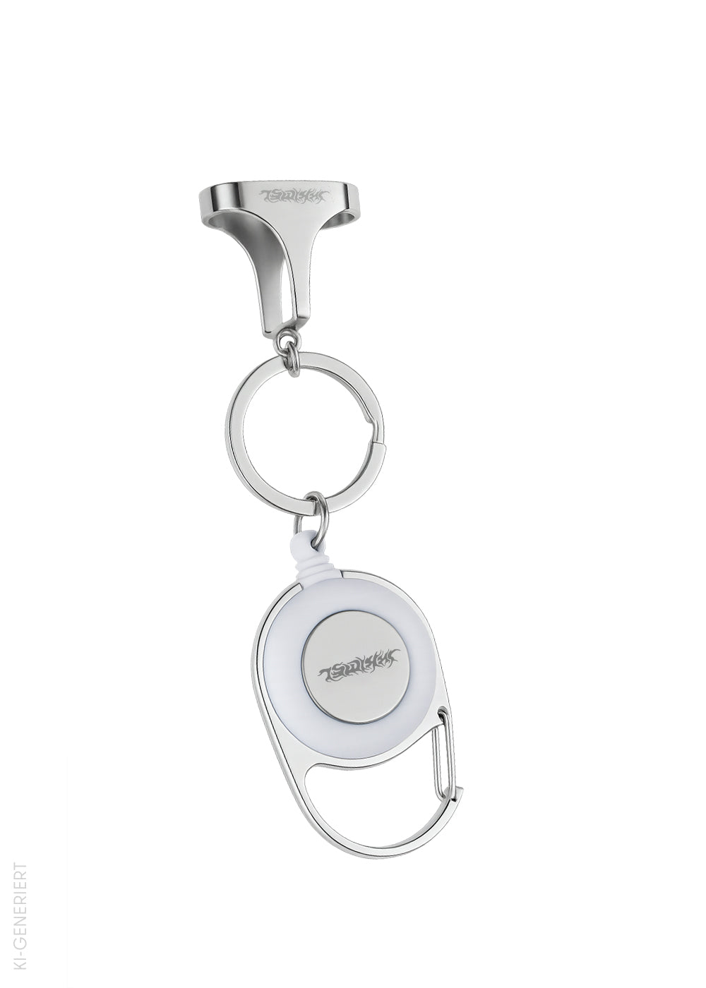 Nahaufnahme des Tanga Lightholders ohne Feuerzeug. Der silberne Metallhalter ist oben offen und zeigt eine geschwungene Gravur des „Tanga“-Logos. Daran hängt ein runder, weiß-silberner Schlüsselanhänger mit Clip und Rückzugsmechanismus, ebenfalls mit Logo. Das Produkt ist schlicht und hochwertig gestaltet, mit glänzender Oberfläche und klaren Linien, die auf Präzision und Qualität hinweisen.