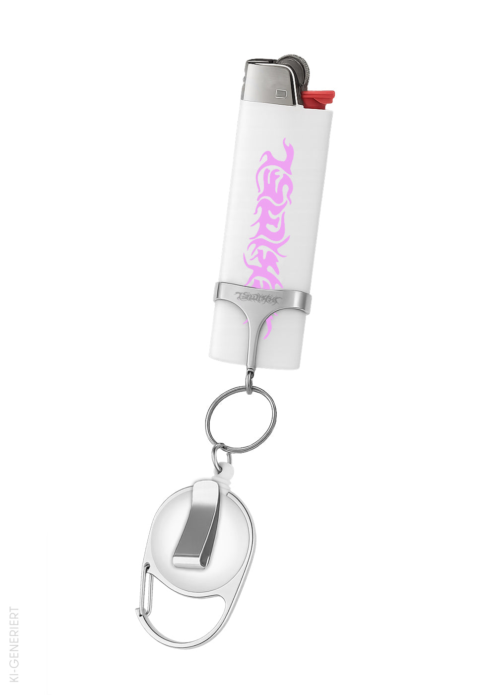 Ein weißes Feuerzeug mit pinkem Tribal-Schriftzug steckt in einem silbernen Metallhalter, der über einen Schlüsselring und einen Karabiner mit Clip verbunden ist. Der Halter trägt eine Gravur des Logos „Tanga“. Das gesamte Design wirkt modern und elegant – eine Kombination aus Funktionalität und Modeaccessoire. Der Karabiner erlaubt das einfache Befestigen an Taschen, Gürteln oder Schlüsseln.