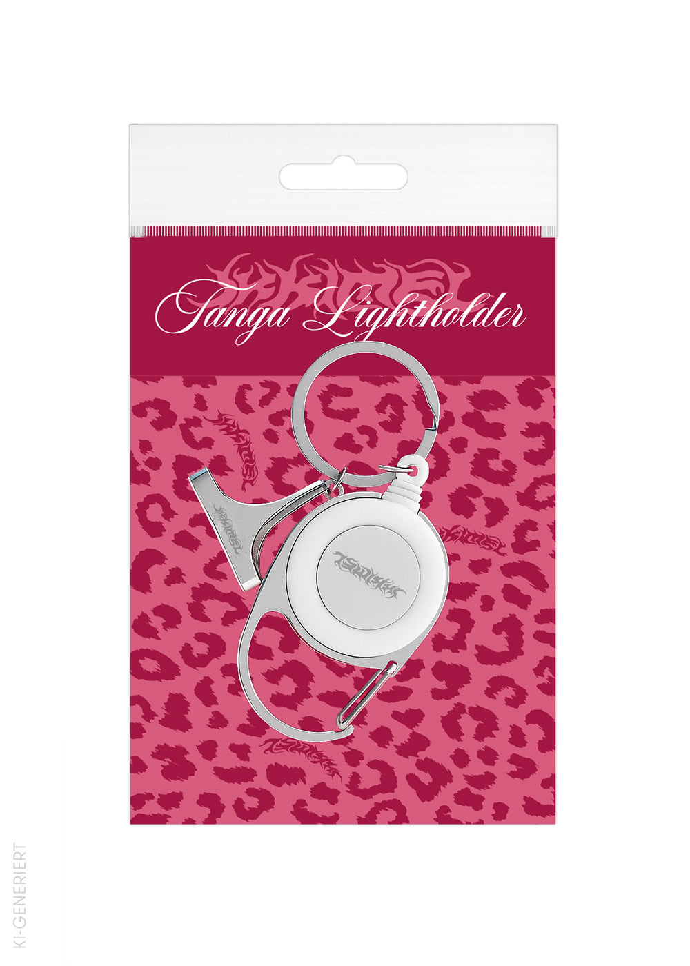 Verpackter Tanga Lightholder in einer transparenten Kunststoffhülle mit rotem Kartonhintergrund. Auf der Verpackung steht in eleganter weißer Schreibschrift der Produktname „Tanga Lightholder“. Der Hintergrund zeigt ein pink-rotes Leopardenmuster mit Tribal-Elementen. Der Schlüsselanhänger selbst ist im unteren Bereich sichtbar – silberner Halter, weißer Rückzugsclip und Ring. Das Design vermittelt einen verspielten, aber hochwertigen Stil, der Mode- und Lifestyle-Elemente vereint.