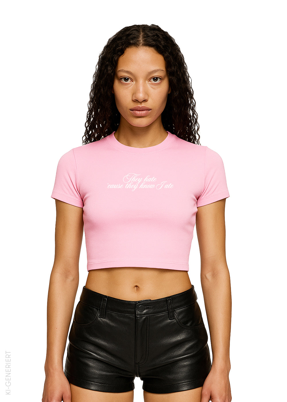 Eine junge Frau mit langen, lockigen Haaren trägt ein eng anliegendes, pinkfarbenes Crop-Top mit weißer Schrift, auf der steht: „They hate ’cause they know I ate“. Dazu kombiniert sie eine schwarze, kurze Lederhose. Sie blickt ernst und selbstbewusst in die Kamera, vor einem weißen Hintergrund.