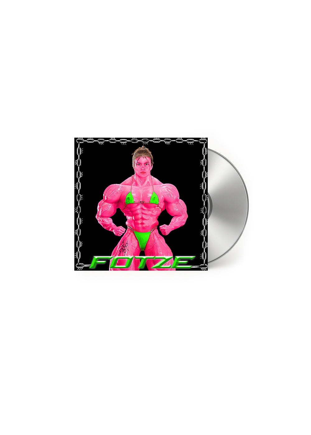 „CD-Hülle mit Covermotiv einer pinken, muskulösen Figur in grünem Bikini auf schwarzem Hintergrund mit Kettenrahmen. Darunter der Schriftzug ‚Fotze‘ in grüner Schrift.“