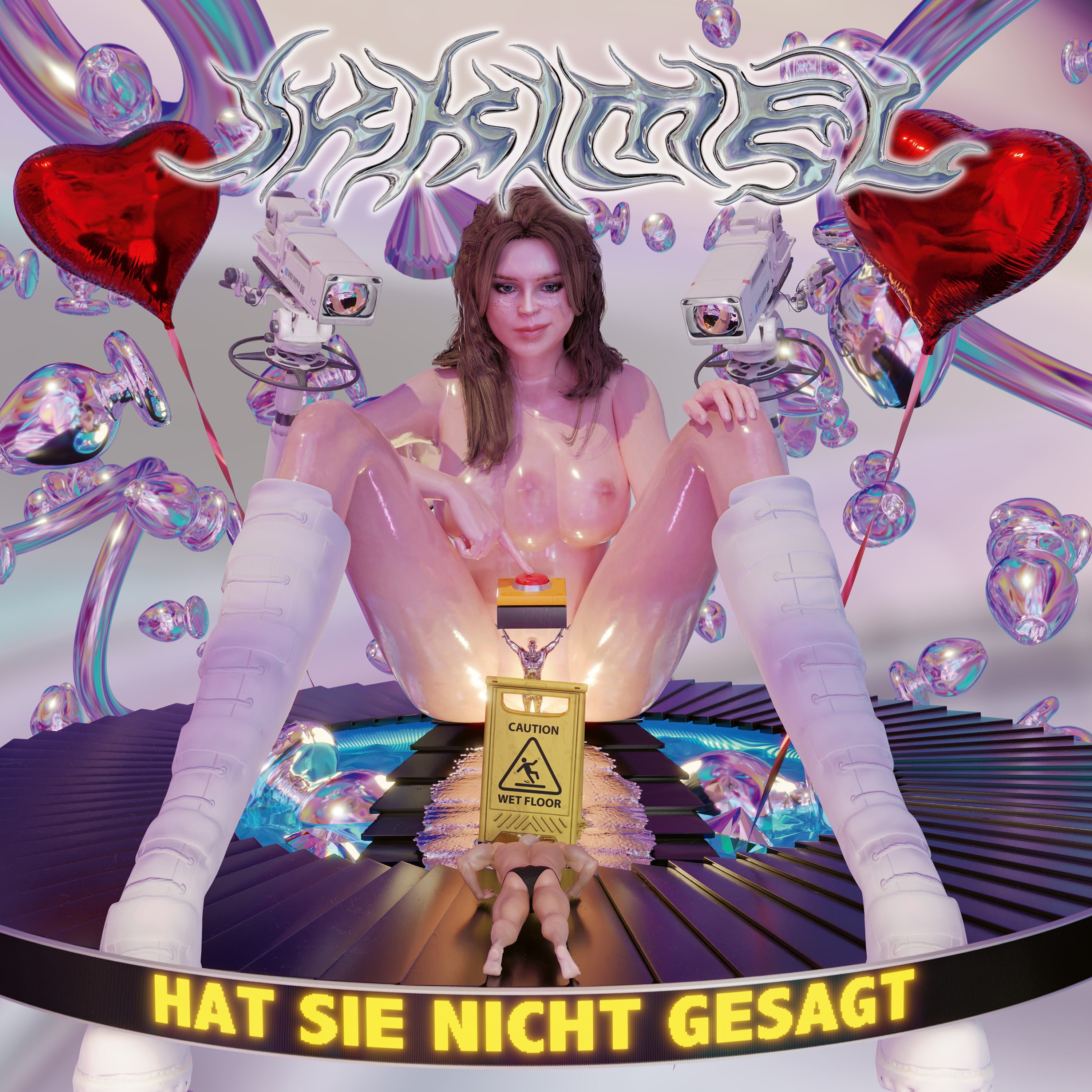 Digitales Covermotiv mit einer Figur in futuristischer, surrealer Umgebung. Eine halbnackte Frau sitzt auf einer spiegelnden Plattform, umgeben von roten Herzballons und schwebenden Objekten. Über ihr steht der metallisch schimmernde Schriftzug ‚Ikkimel‘, unten der Titel ‚Hat sie nicht gesagt
