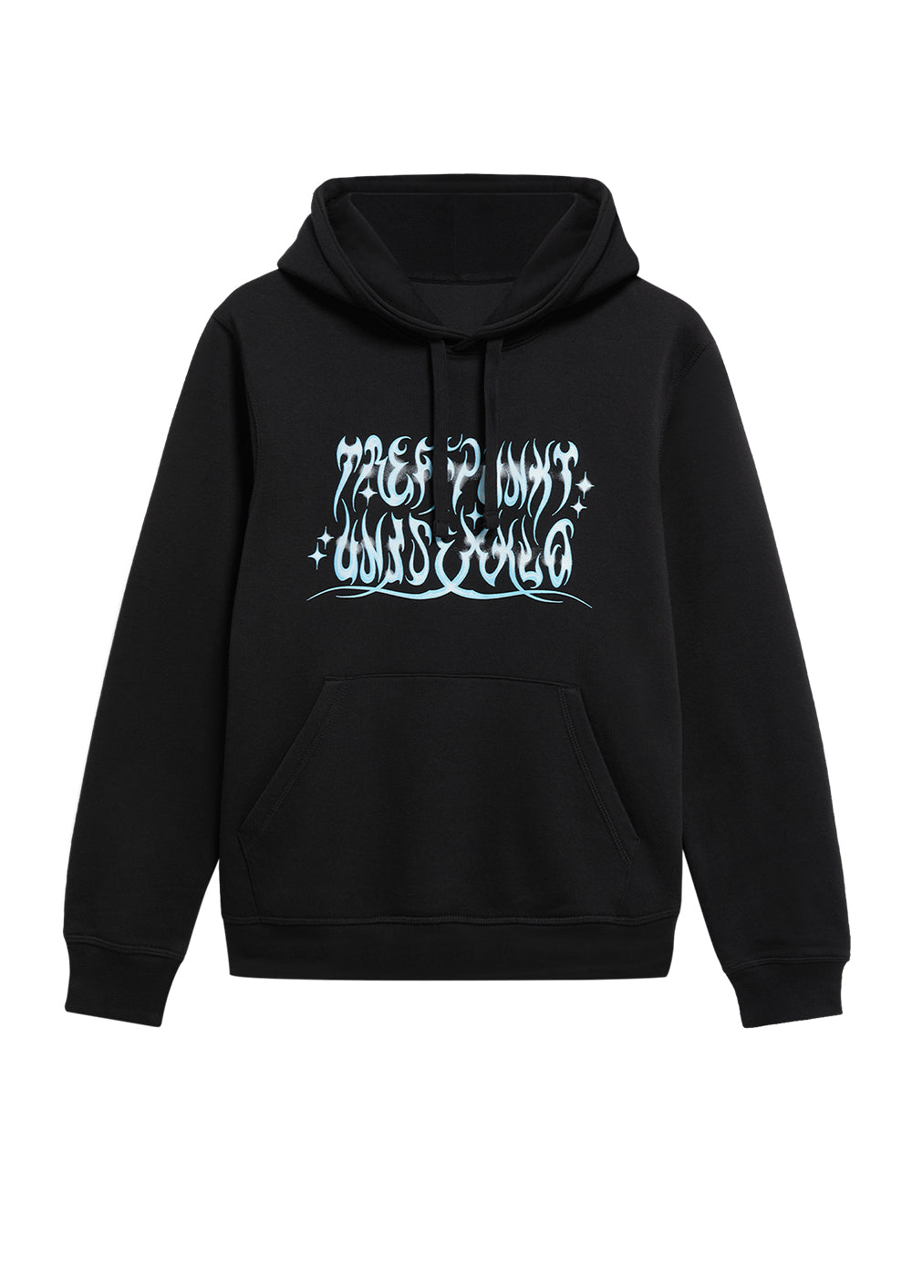 Schwarzer Hoodie mit Kapuze und Kängurutasche. Auf der Vorderseite befindet sich ein hellblauer, verschnörkelter Schriftzug mit dekorativen Sternsymbolen