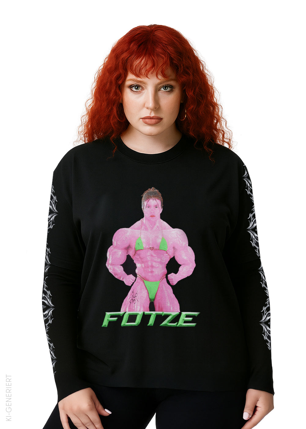 Model mit schwarzem Longsleeve mit Print einer pinken, muskulösen Figur in einem grünen Bikini und dem grünen Schriftzug ‚FOTZE‘ auf der Vorderseite. Tribal-Muster sind auf beiden Ärmeln zu sehen.“