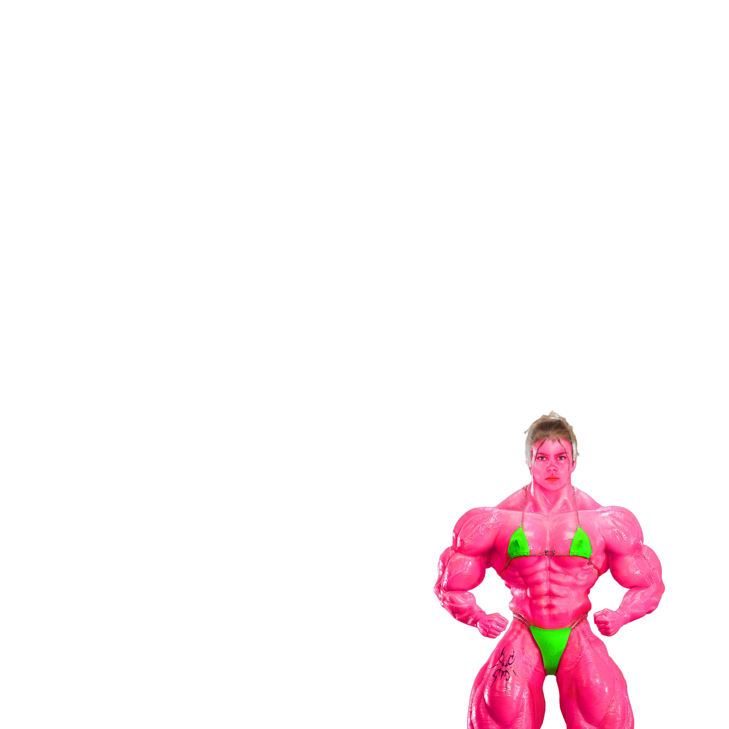 Grafisches Motiv mit einer pinkfarbenen, stark muskulösen Figur in einem grünen Bikini vor weißem Hintergrund. Minimalistisches Design mit Fokus auf der zentralen Figur.“