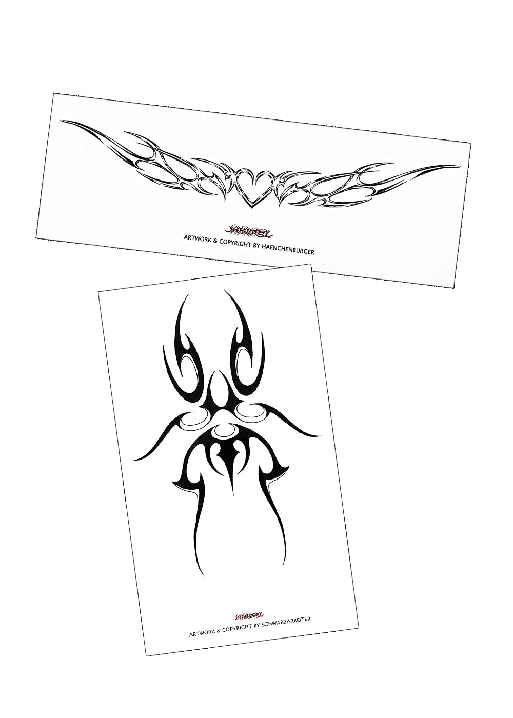 Tattoo Set 2 Grafiken
„Zwei schwarz-weiße Tribal-Illustrationen auf weißem Hintergrund. Eine mit herzförmigem Motiv in der Mitte, die andere mit symmetrischem, flammenähnlichem Muster. Darunter steht ‚Artwork & Copyright by Haenchenburger‘ bzw. ‚Schwarzarbeiter‘.“