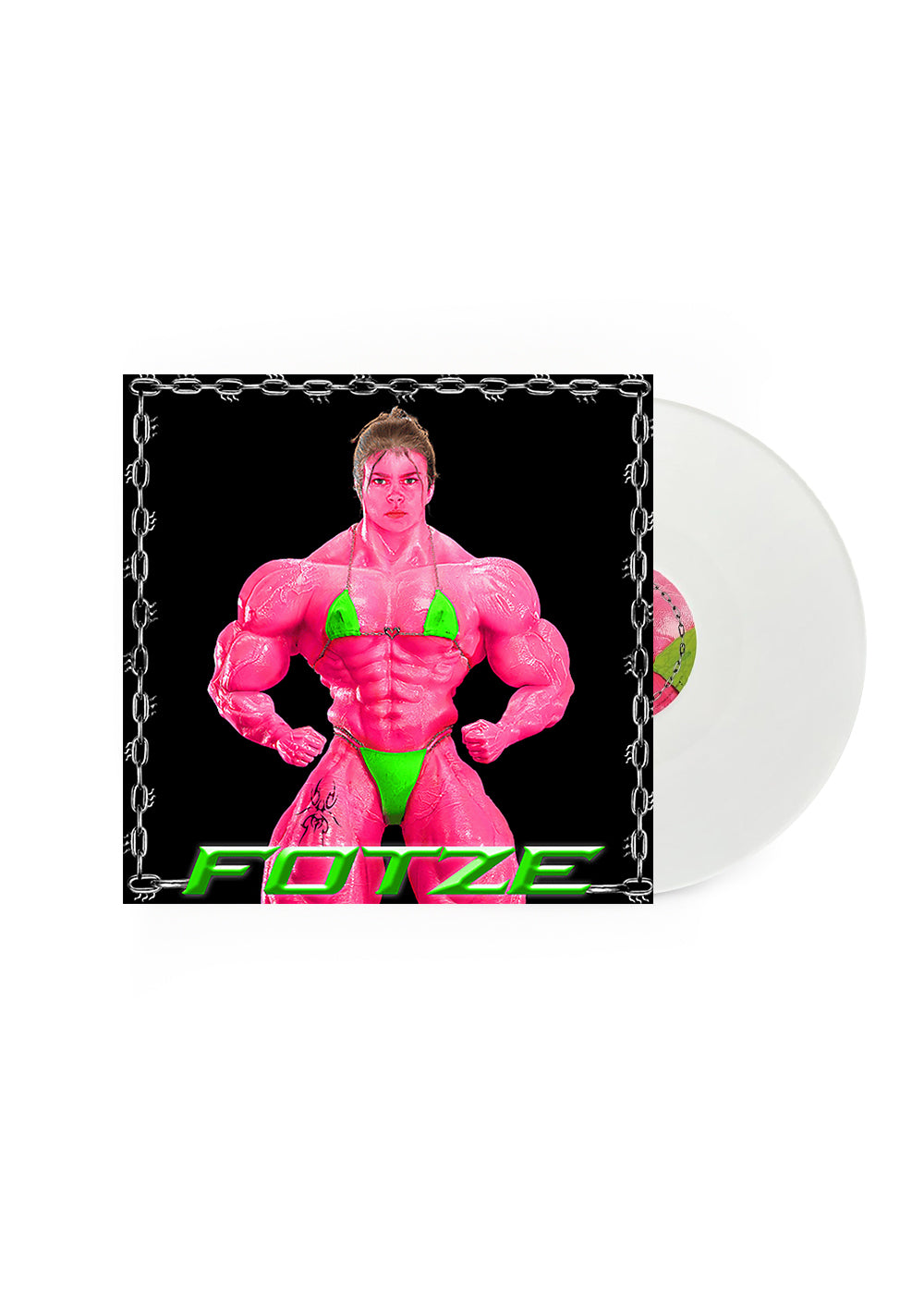 Schallplatte "FOTZE"
„Vinyl-Schallplatte mit Covermotiv einer pinkfarbenen, muskulösen Figur in grünem Bikini auf schwarzem Hintergrund mit Kettenrahmen. Titel ‚Fotze‘ in grüner Schrift.“